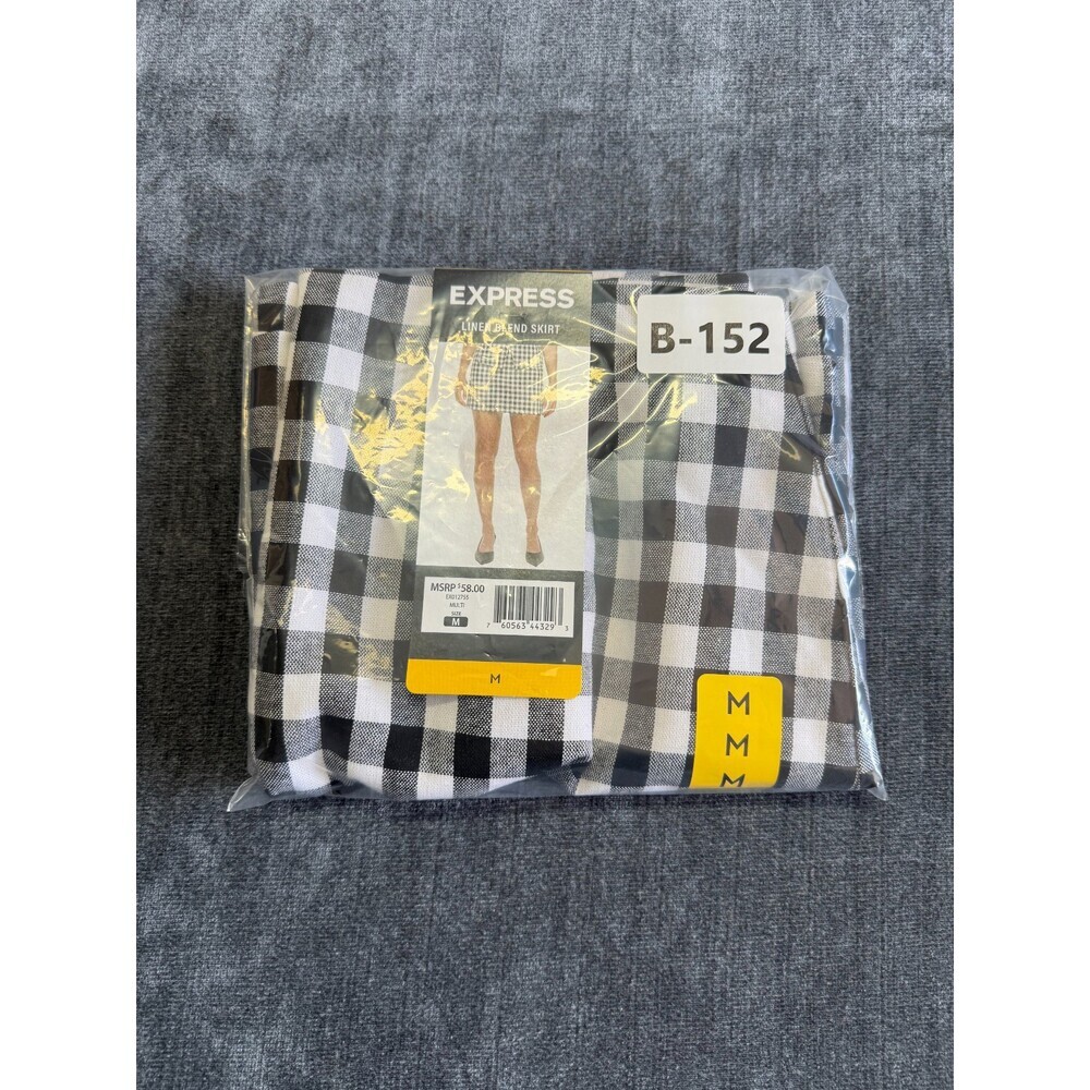 Express Linen Blend Mini Skirt Women's Medium White/Black Gingham Pleated Preppy - Picture 6 of 6